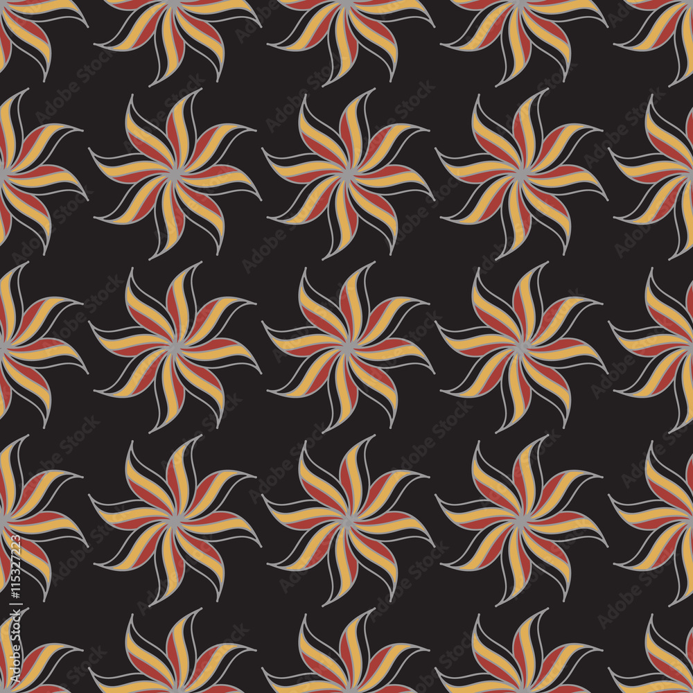 Stylized star anise seamless pattern. Dark background. Abstract texture. Vector illustration.