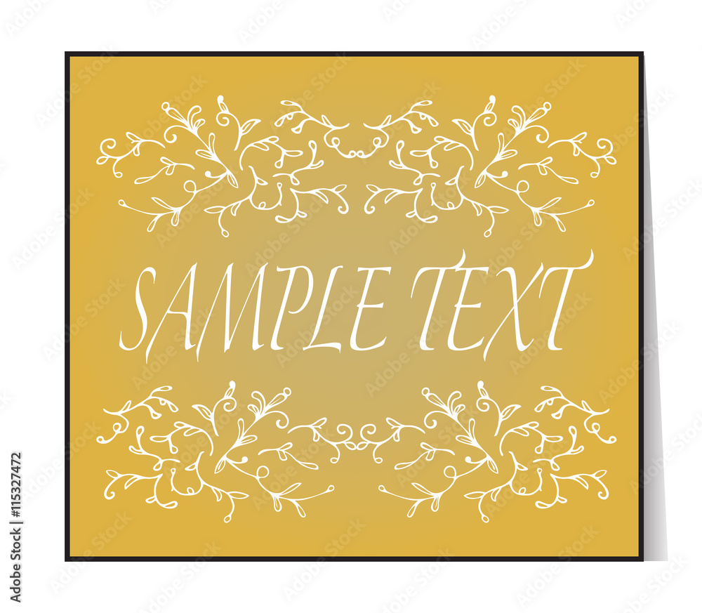 Elegant text frame. Floral vintage hand drawn vignettes. Beautiful banner, card, invitation or label. Ornament from twigs. Yellow background. Place for your text. Vector Illustration.