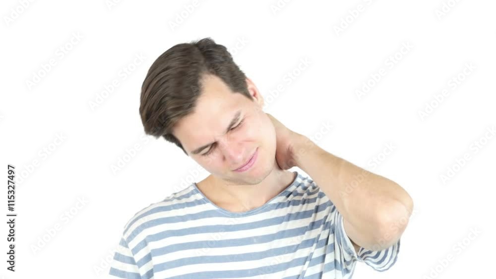 Young man suffering from neck pain , isolated on white background Young man suffering from neck pain , isolated on white background