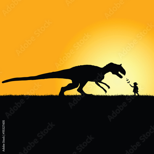 child playing with dinosaur in nature silhouette illustration