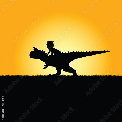 child with dinosaur adorable in nature silhouette illustration