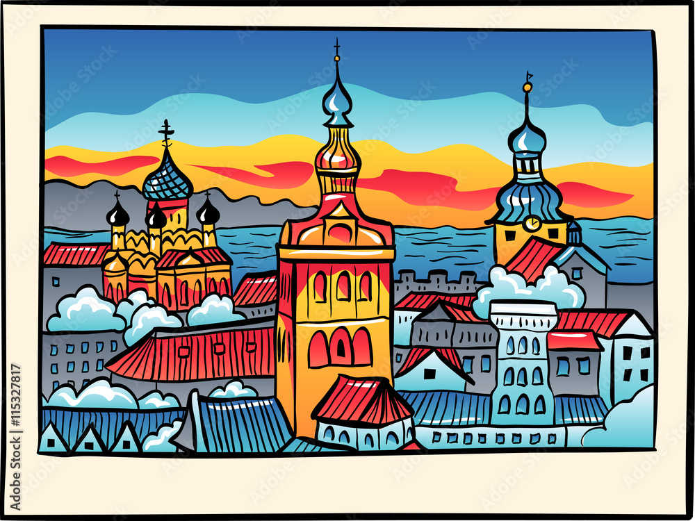Medieval Old Town illuminated with Saint Nicholas Church, Cathedral Church of Saint Mary and Alexander Nevsky Cathedral at sunset in sketch style, Tallinn, Estonia