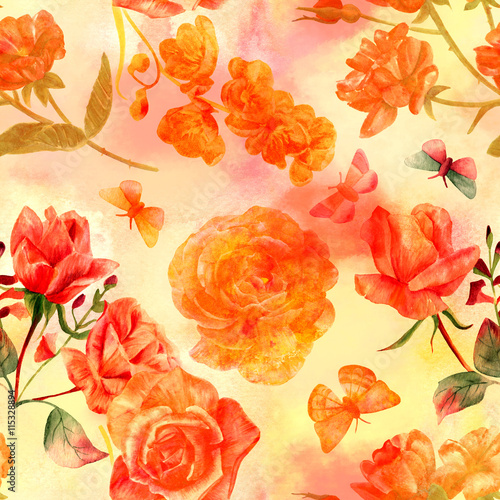 Vintage seamless background pattern with roses  leaves and butterflies