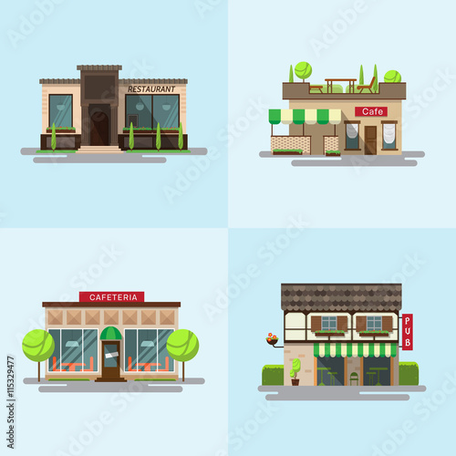 Vector set of detailed flat design city public buildings. Restaurants and cafe, cafeteria, coffee house and bub facade icons on white background