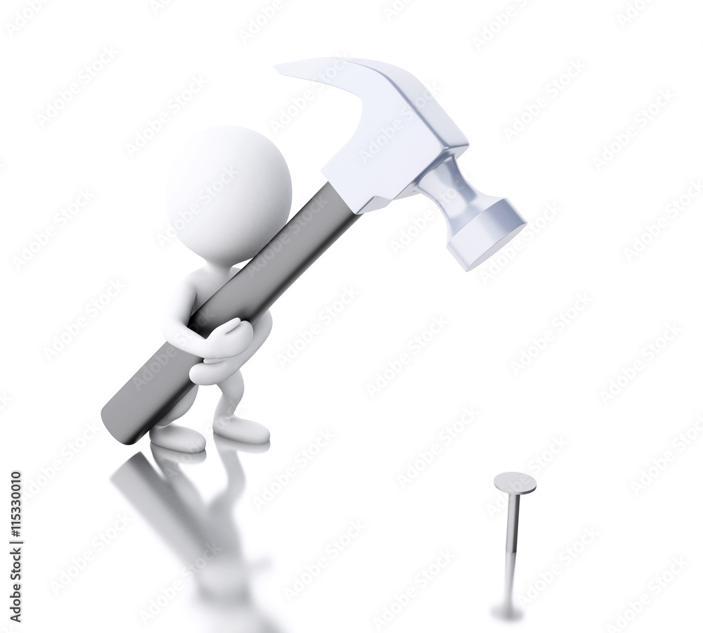 3d White people with hammer hitting a nail. 3d White people with hammer hitting a nail.