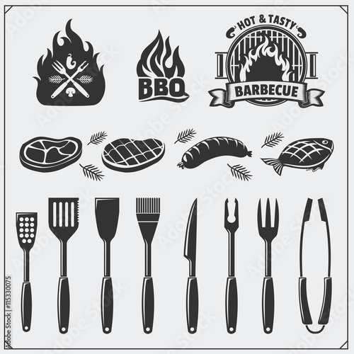 BBQ set. Steak icons, BBQ tools and labels and emblems. Vector monochrome illustration.