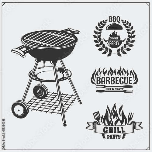 BBQ and grill labels set. Barbecue emblems and badges. Vector monochrome illustration.