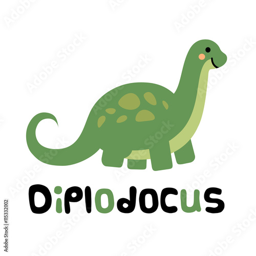 Cute cartoon smiling diplodocus isolated on white background.