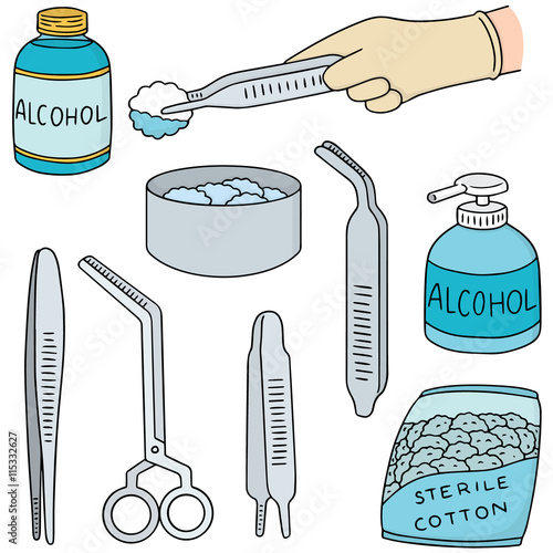vector set of forcep, alcohol and sterile cotton
