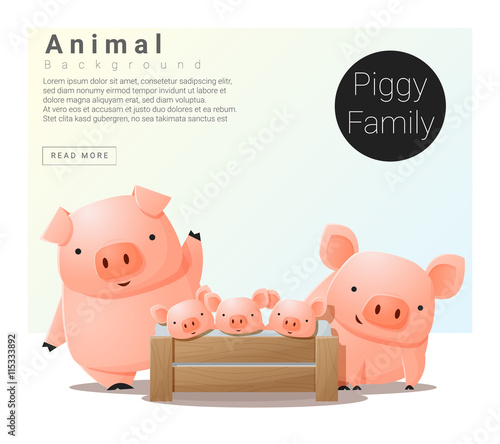 Fotografie Cute animal family background with Pigs , vector , illustration