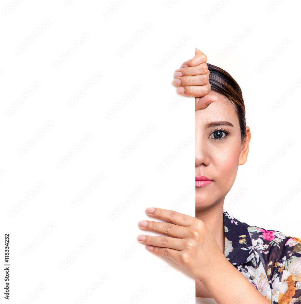 Asian woman holding a blank billboard. Asian woman holding a blank billboard.