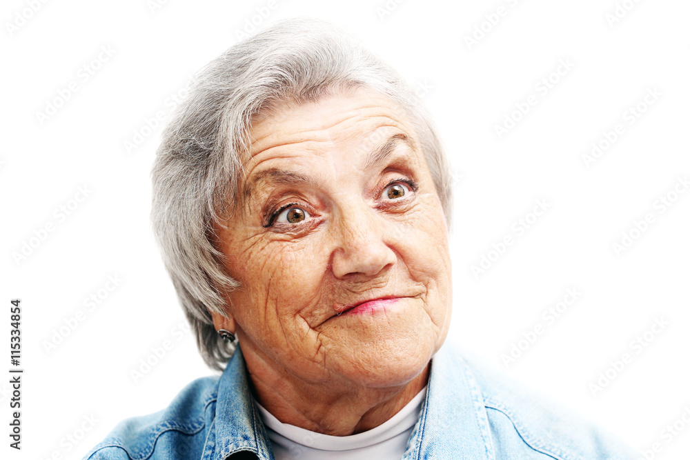 Surprised grandmother face on white Surprised grandmother face on white