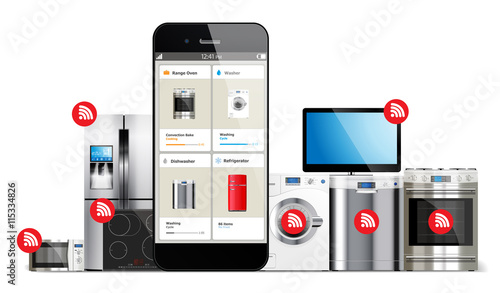 Smart home control system - kitchen and house appliances: microwave, washing machine, refrigerator, gas stove, dishwasher, tv managed by cell phone