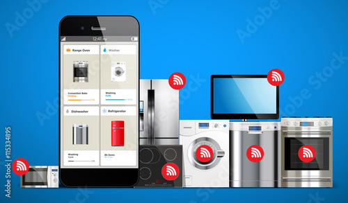 Smart home control system - kitchen and house appliances: microwave, washing machine, refrigerator, gas stove, dishwasher, tv managed by cell phone
