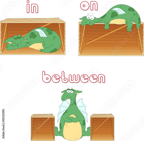 Cartoon dragon sleeps in a box, lies on a box and stands between