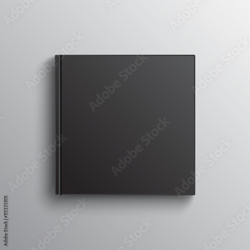 Mockup of blank square black book on grey. Textbook, booklet or notebook for design and branding