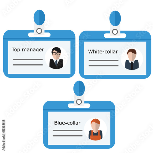 Office name badges with positions. Isolated design elements, vector illustration