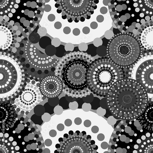 Mechanical seamless pattern black white gray circles.