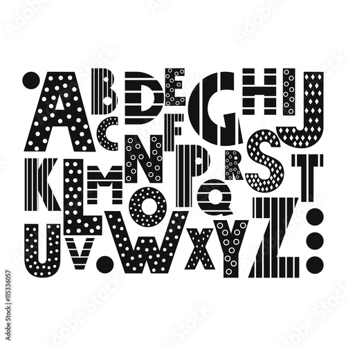 Black and white cartoon alphabet on white background. Cute abc design for book cover, poster, card, print on baby's clothes, pillow etc. Decorative letters composition.