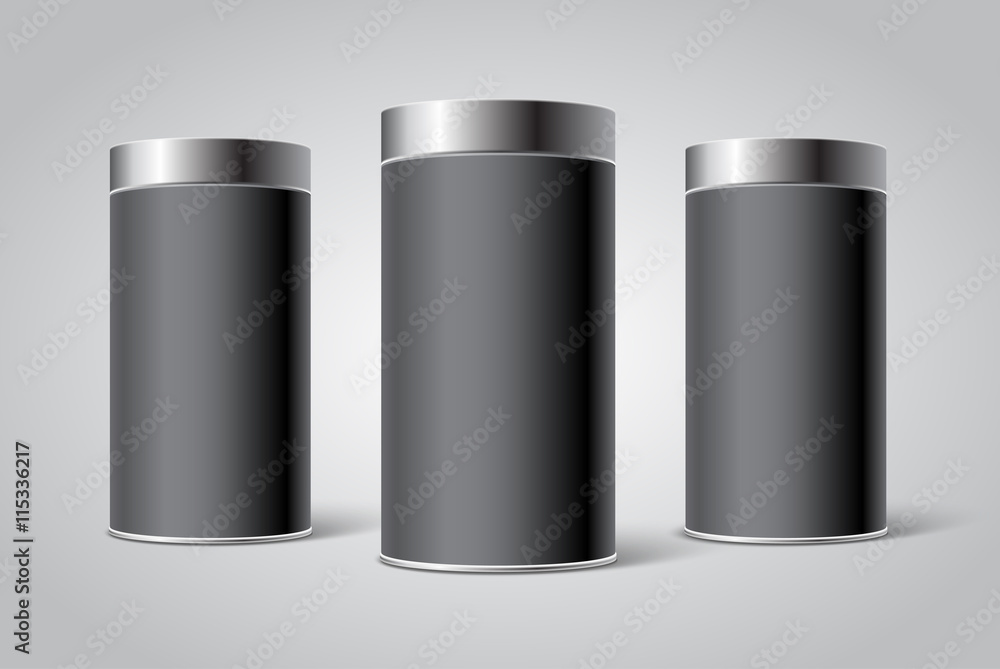 Three Black Blank Tin can packaging mockup. Tea, coffee, dry products