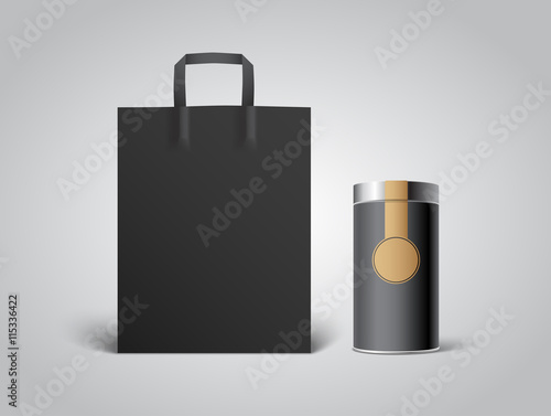 Black paper bag mockup with Blank Tin can packaging with tag and steel cover
