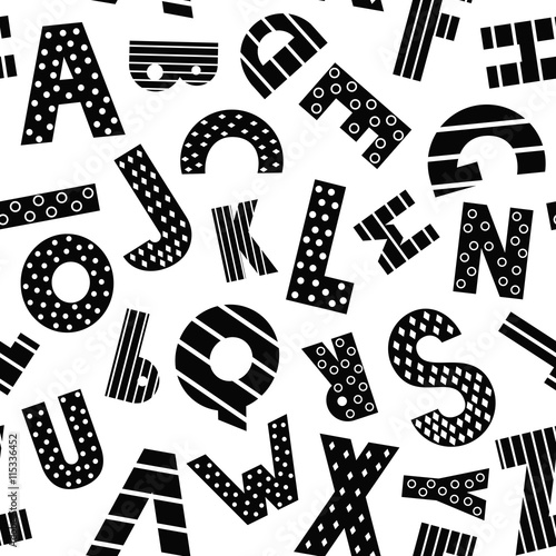 Black and white cartoon alphabet seamless pattern on white background. Cute abc design for book cover, fabric, decor, print on baby's clothes, pillow etc. Decorative letters composition.