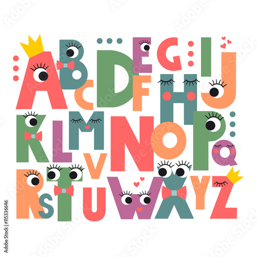 Cartoon alphabet with eyes and lashes on white background. Cute abc design for book cover, poster, card, print on baby's clothes, pillow etc. Colorful letters composition.
