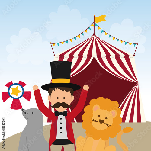 Circus and carnival concept represented by Lion, seal and tamer icon. Colorfull illustration. 