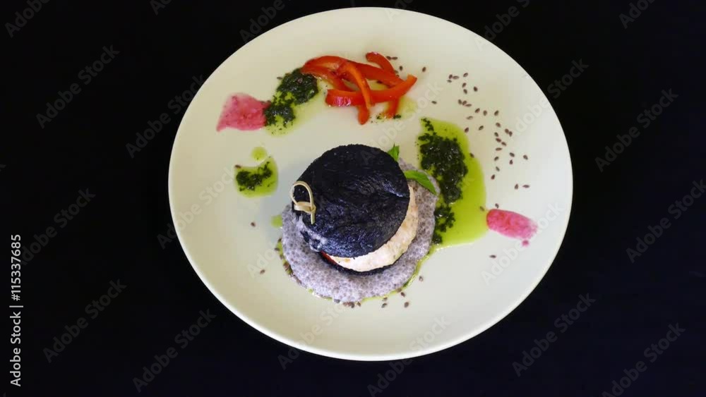 Chicken Burger with black bread зфштеув ин cuttlefish ink. 360 rotation Chicken Burger with black bread зфштеув ин cuttlefish ink. 360 rotation