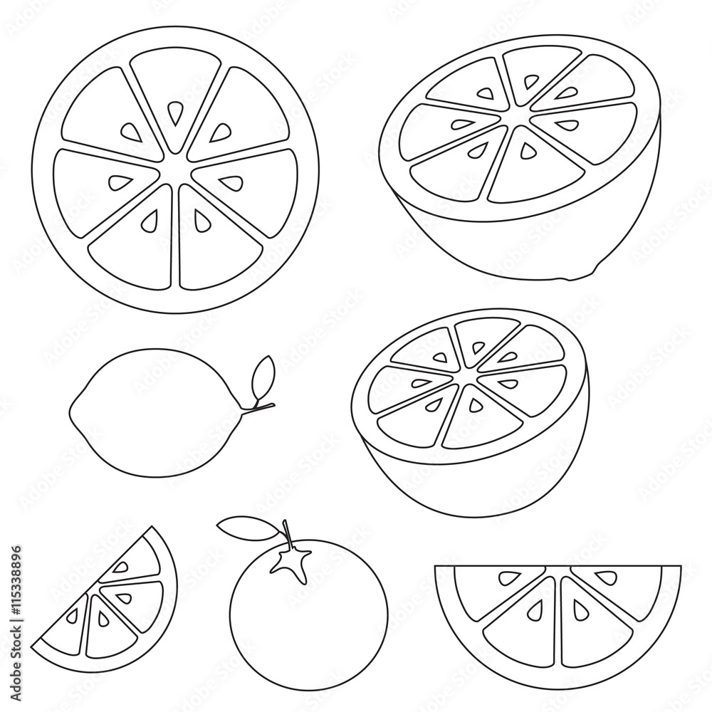 Collection of citrus slices - orange, lemon, lime and grapefruit, icons set, black isolated on white background, vector illustration. Collection of citrus slices - orange, lemon, lime and grapefruit, icons set, black isolated on white background, vector illustration.