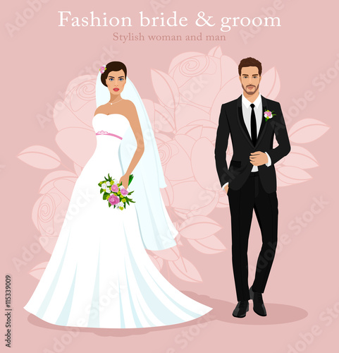 Cute young married couple: fashion beautiful bride with bouquet and handsome groom in stylish suit. Modern detailed graphic wedding set. Flat style vector illustration. 