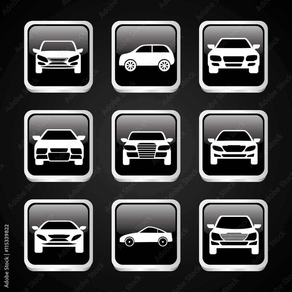 Transporation design represented by set of cars silhouette over frames design. Flat illustration. Black background