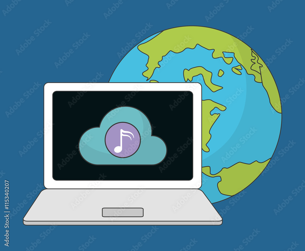 Music online represented by laptop, cloud and Music note icon. Colorfull and Flat illustration Music online represented by laptop, cloud and Music note icon. Colorfull and Flat illustration