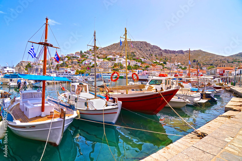 Photography traditional boats at Hydra island Saronic Gulf Greece