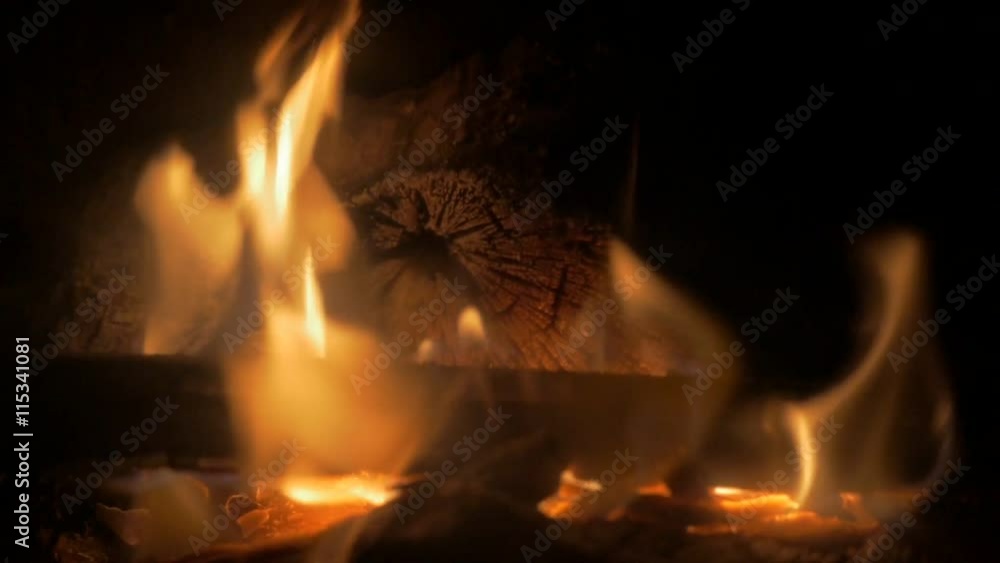 Fireplace at home warm close-up 1080p HD slow motion video - Tree logs on fire burning close up slow-mo 1920X1080 footage 