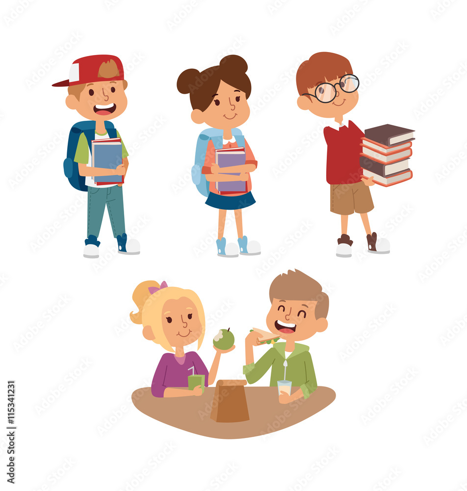 School kid going study, childhood happy primary education character vector. School kid education and happy school kid study at primary school. School kids preschool classroom.