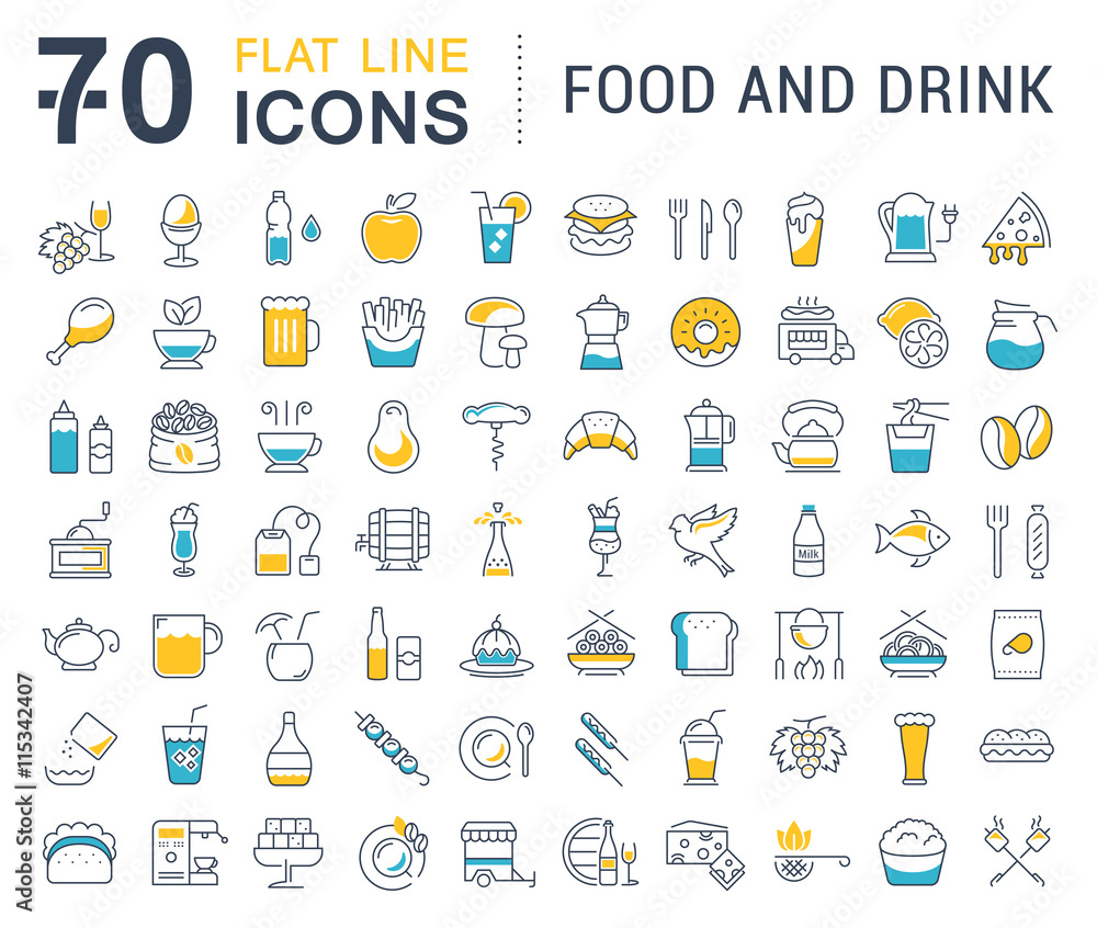Set Vector Flat Line Icons Drinks and Food Set Vector Flat Line Icons Drinks and Food