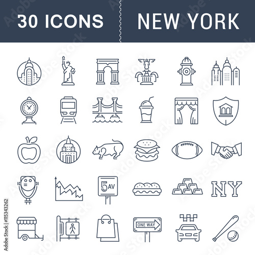 Set Vector Flat Line Icons New York
