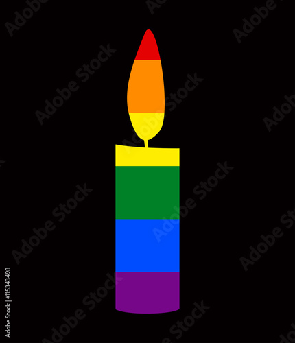 Vector rainbow flag on candle with light flat design. Graphic clip art illustration. LGBT community movement pride flag