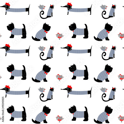 French style dressed animals seamless pattern. Cute cartoon parisian dachshund, cat, birds and scottish terrier vector illustration. Cute design for print on baby's clothes, textile, decor.