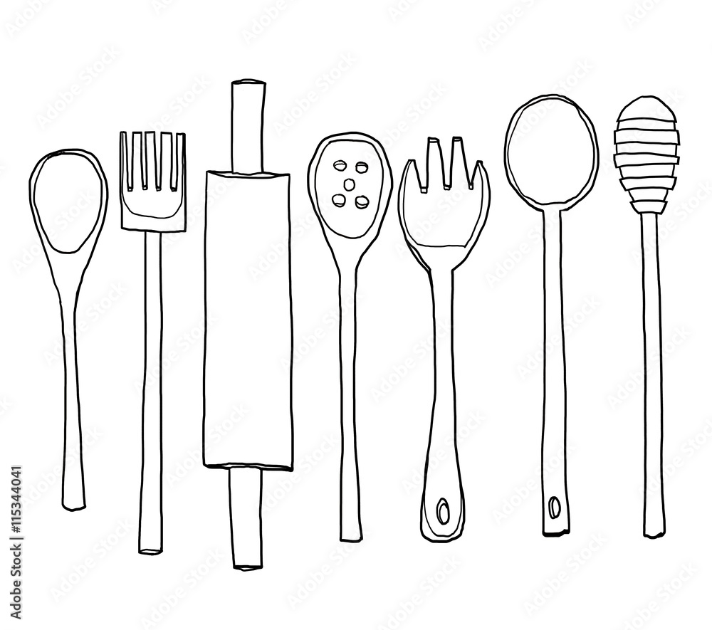 wooden kitchen utensils set of hand drawn line art cute illustra Stock