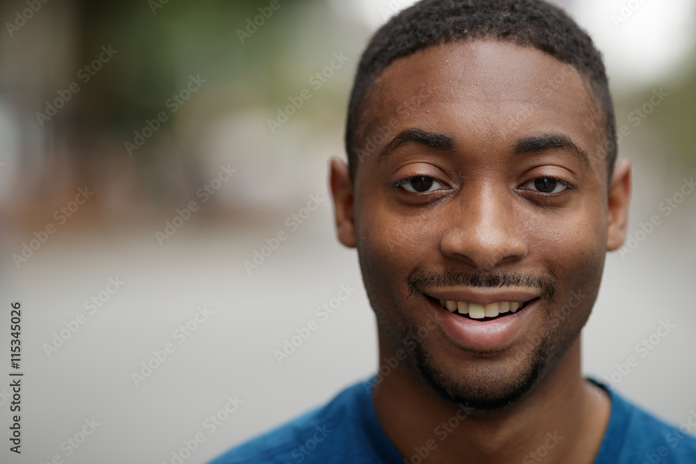 Young black man in city smile happy face Young black man in city smile happy face