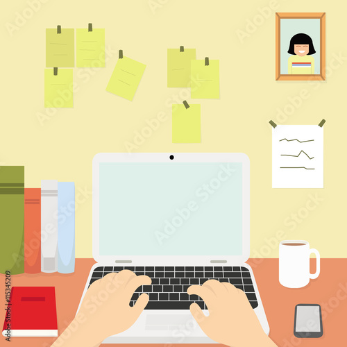 man hands typing on laptop keyboard. view of people working with laptop at workdesk