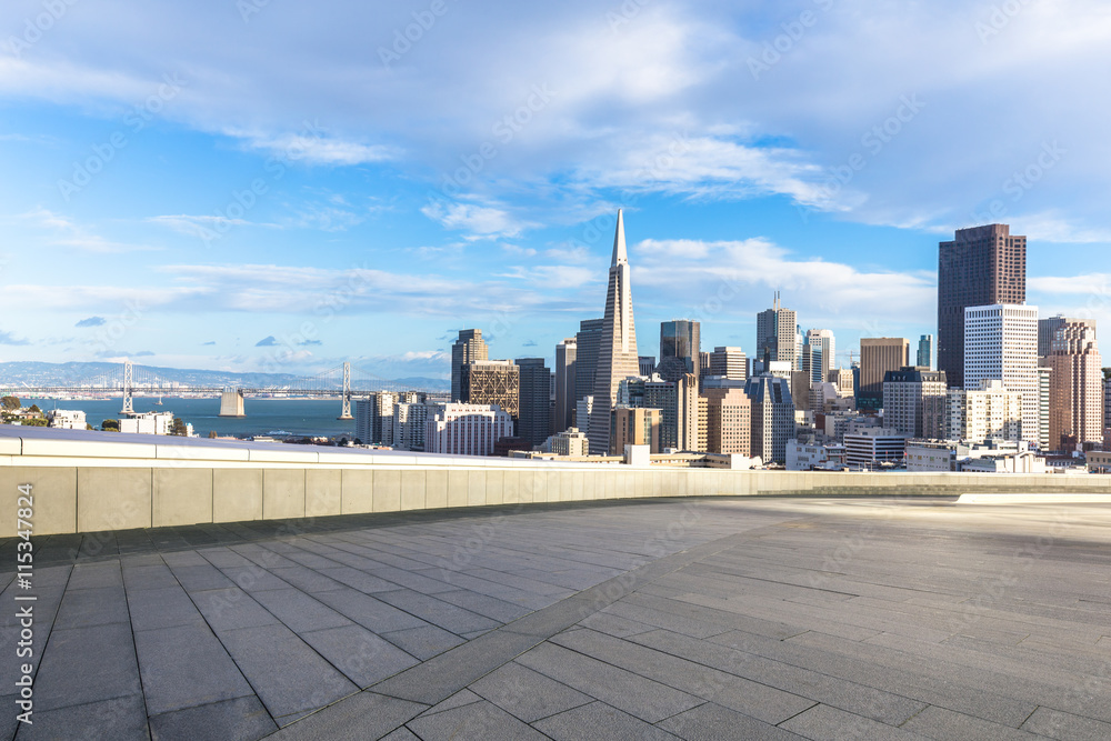 empty floor with cityscape and skyline of san francisco in sunny empty floor with cityscape and skyline of san francisco in sunny