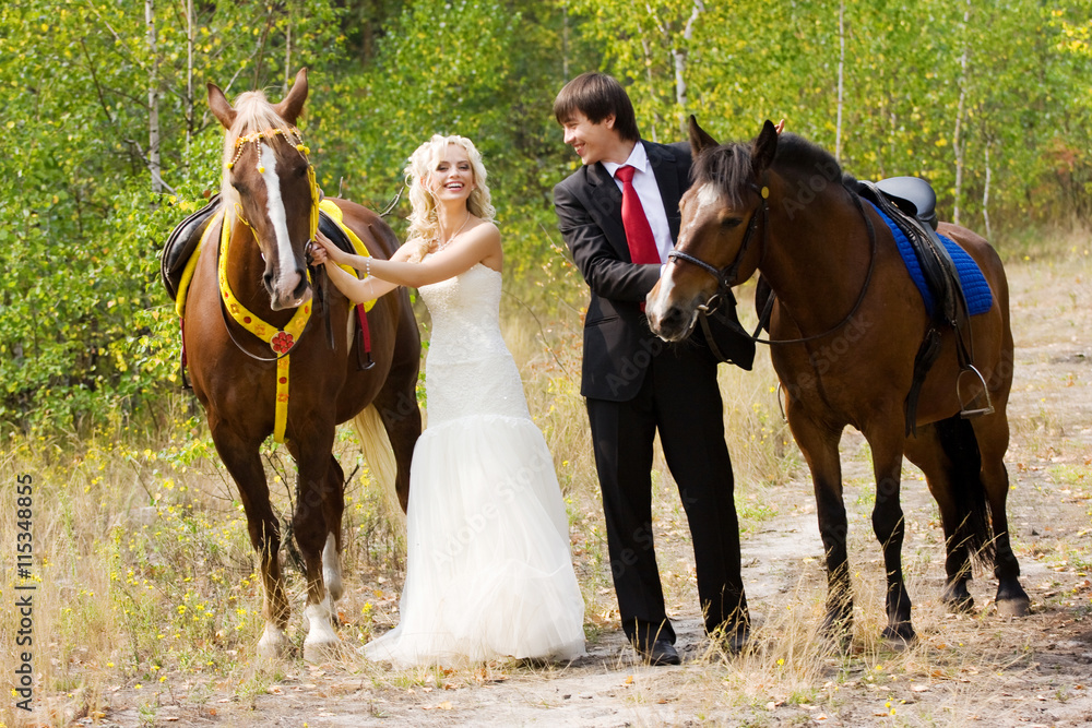 Bride and groom with horses Bride and groom with horses
