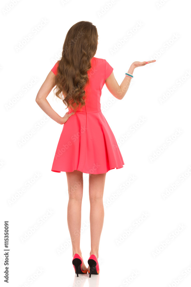 Elegant Woman In Pink Mini Dress Presenting. Rear View. Elegant Woman In Pink Mini Dress Presenting. Rear View.