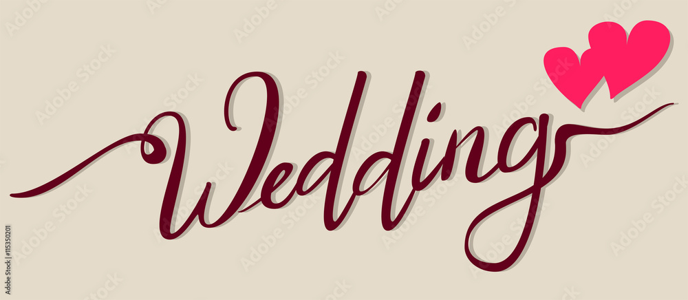 Wedding lettering text for greeting card. Two heart symbol of love