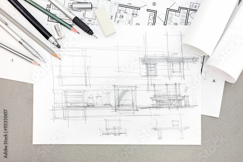concept of home renovation architectural sketch with drawing too