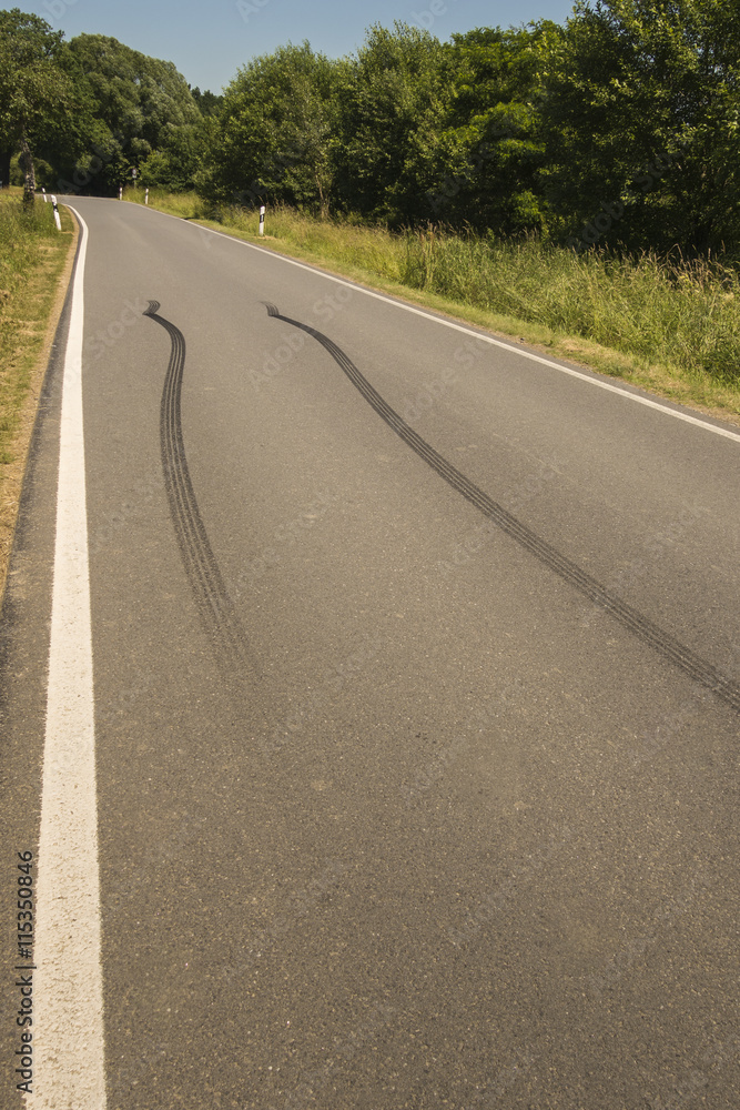 Brake marks on the road.