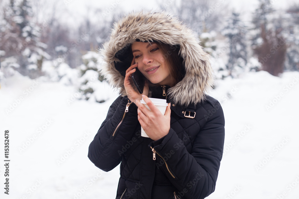 Winter, woman and hot coffee Winter, woman and hot coffee